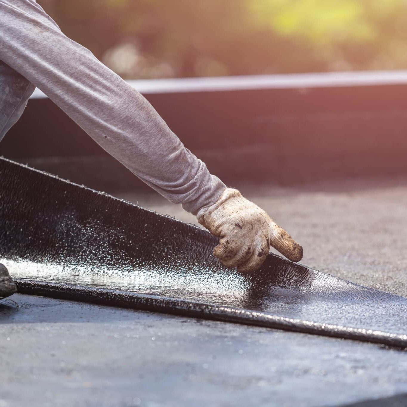 A roofer is laying down some flat roofing materials.